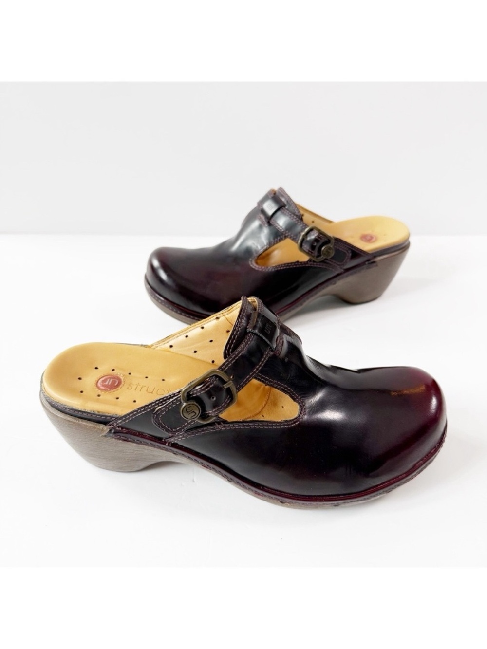 VTG Clarks Woman Burgundy Leather Slip-On Chunky Babydoll Clogs US8.5 Boho Folk - Picture 3 of 8